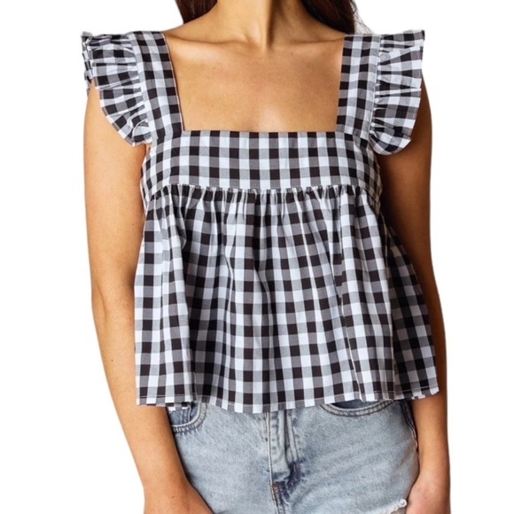 Buddy Love Kyle Ruffle Swing cropped Tank Black Checkered plaid size M NWT - Picture 11 of 12